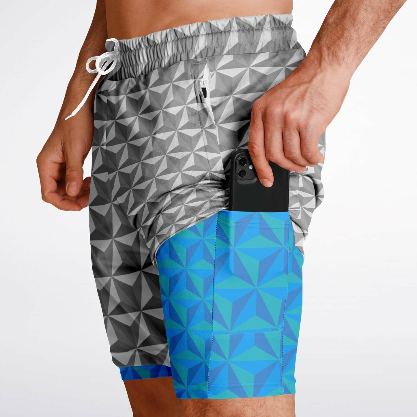 Grey & Blue Spaceship Men's Double Layer Pocket Shorts