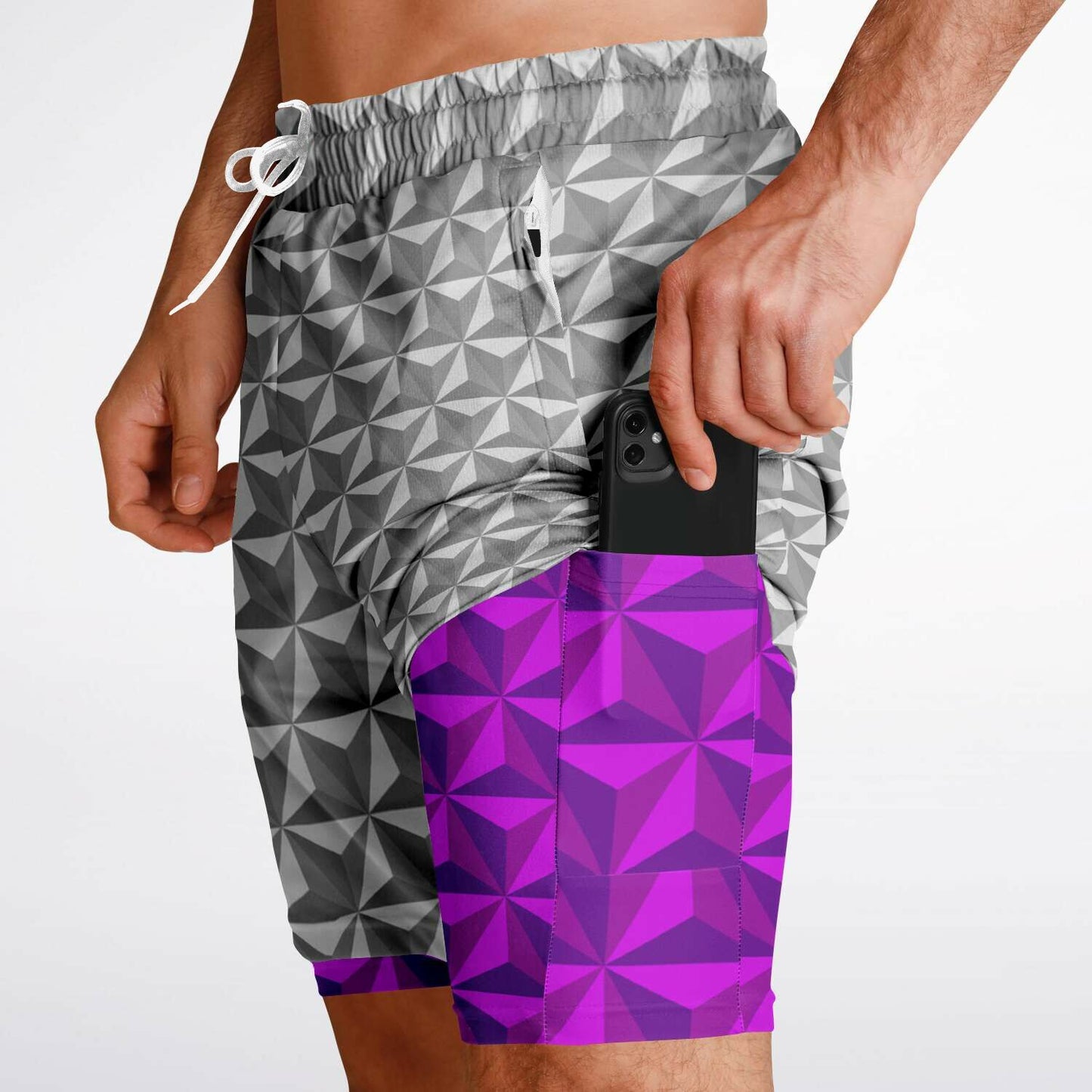 Grey & Pink Spaceship Men's Double Layer Pocket Shorts