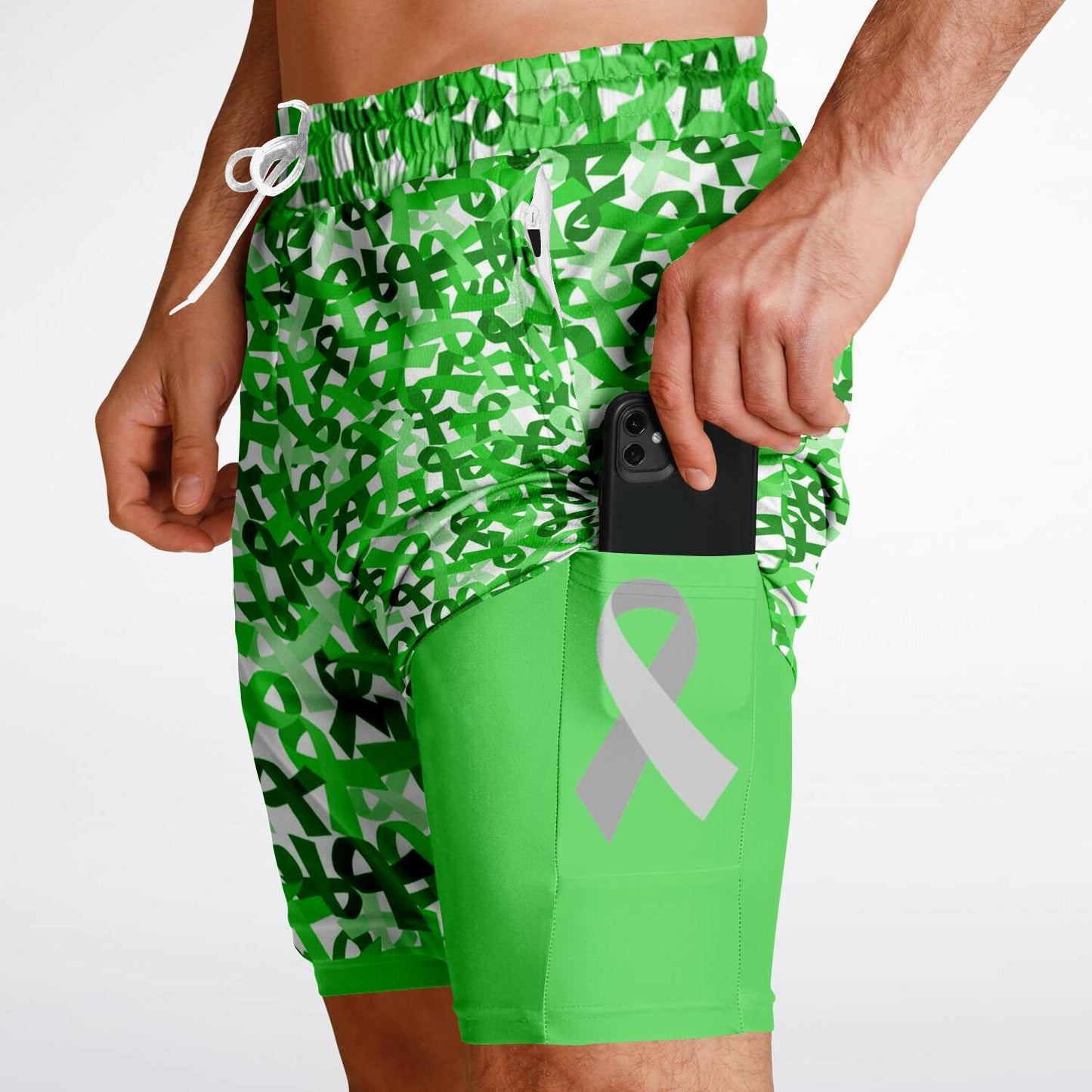 Lime Green Ribbon Men's Double Layer Athletic Shorts