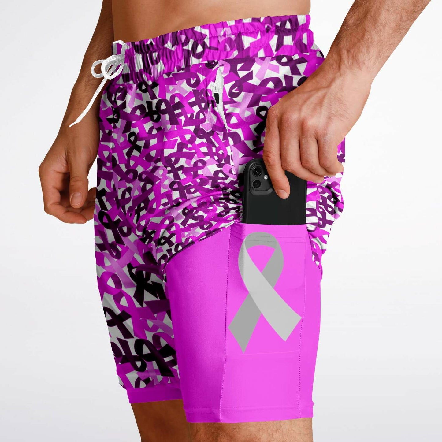 Pink Ribbon Men's Double Layer Athletic Shorts
