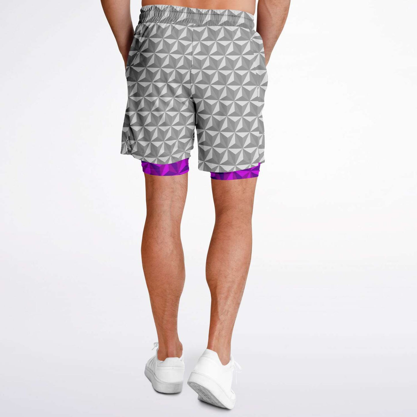 Grey & Pink Spaceship Men's Double Layer Pocket Shorts