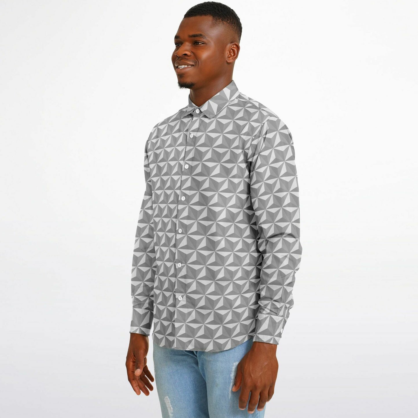 Spaceship Earth Long Sleeve Button Down Shirt - Grey