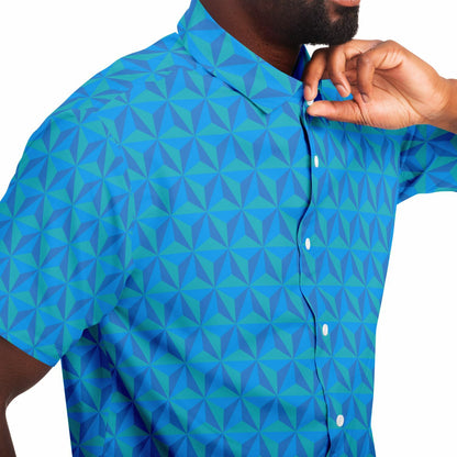 Spaceship Earth Short Sleeve Button Down Shirt  - Blue