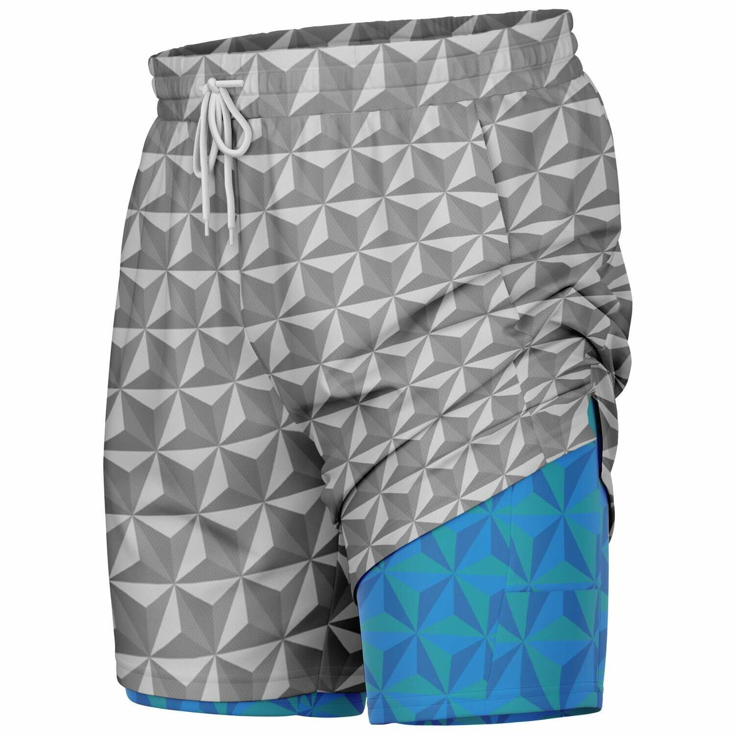 Grey & Blue Spaceship Men's Double Layer Pocket Shorts