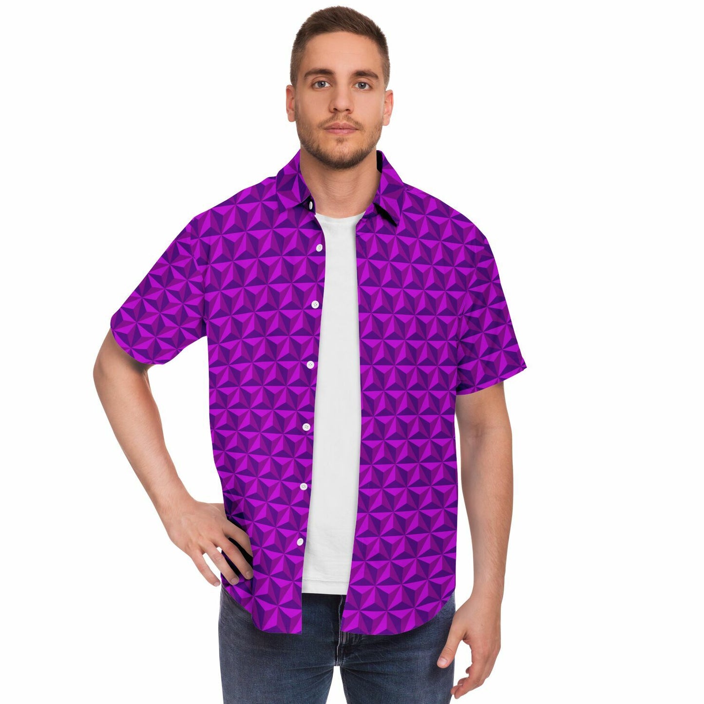 Spaceship Earth Short Sleeve Button Down Shirt - Pink