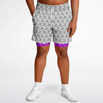 Grey & Pink Spaceship Men's Double Layer Pocket Shorts
