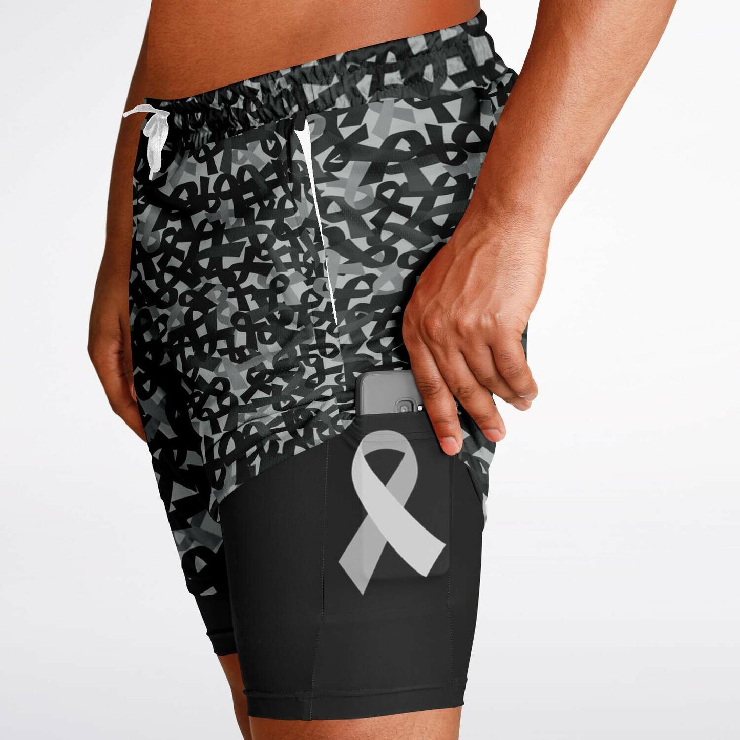 Black Ribbon Men's Double Layer Athletic Shorts