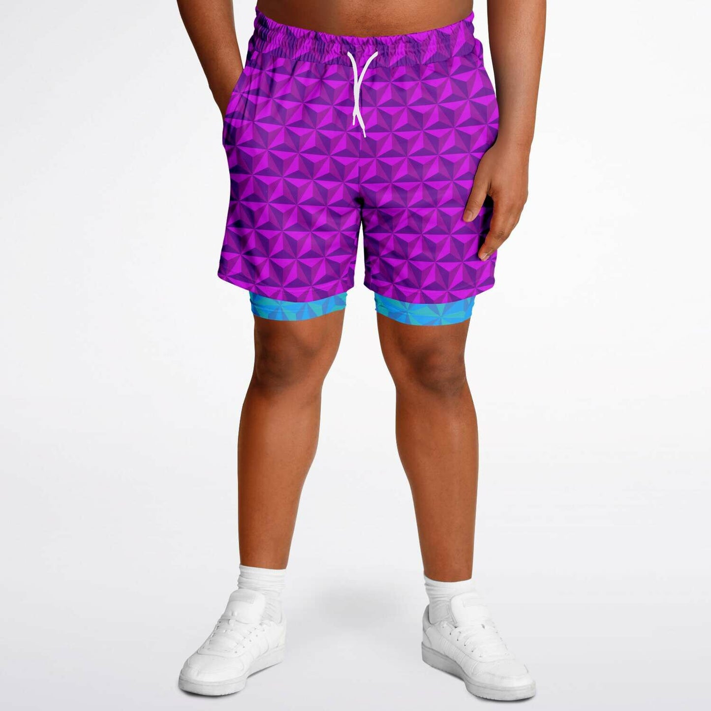 Pink & Blue Spaceship Men's Double Layer Pocket Shorts