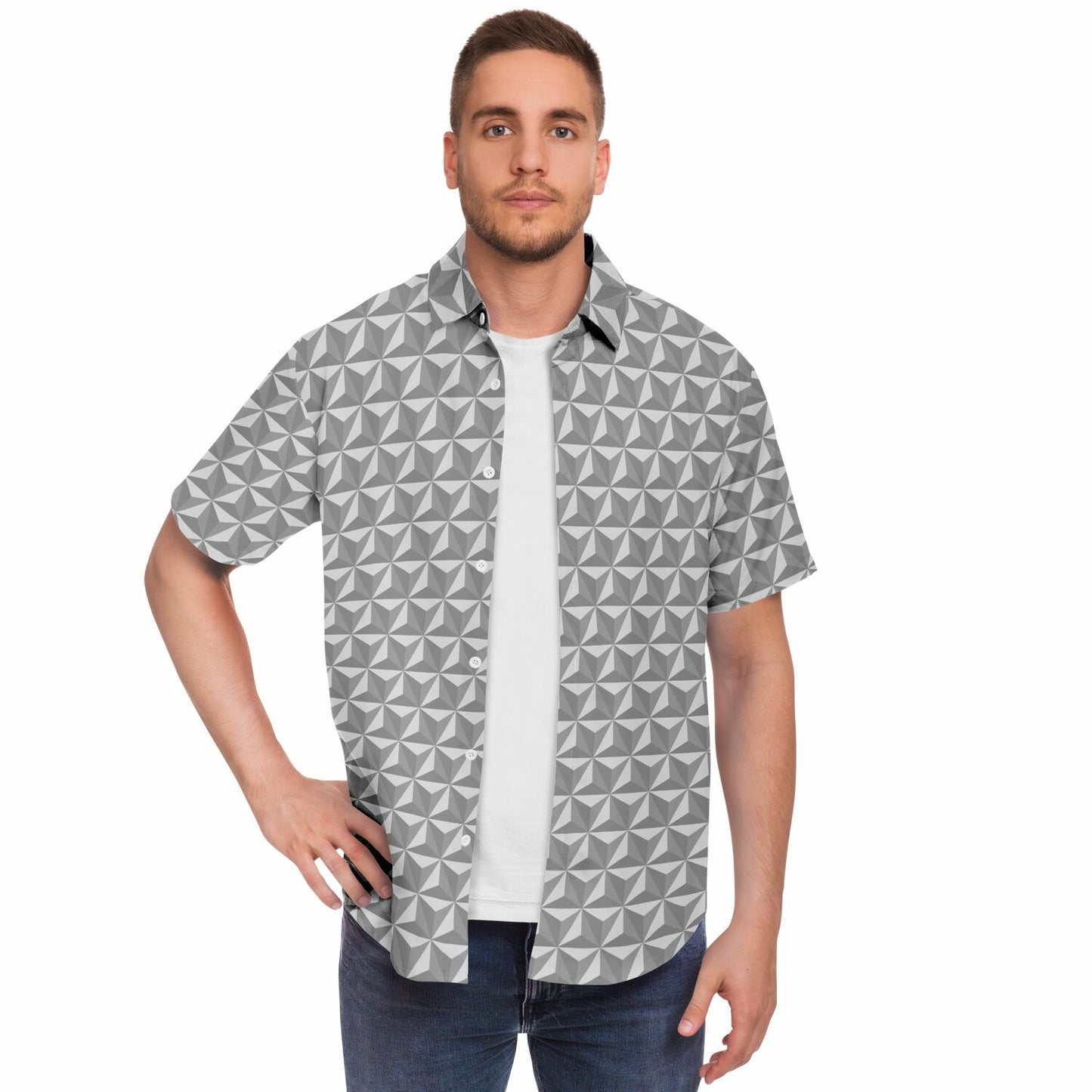 Spaceship Earth Short Sleeve Button Down Shirt - Grey