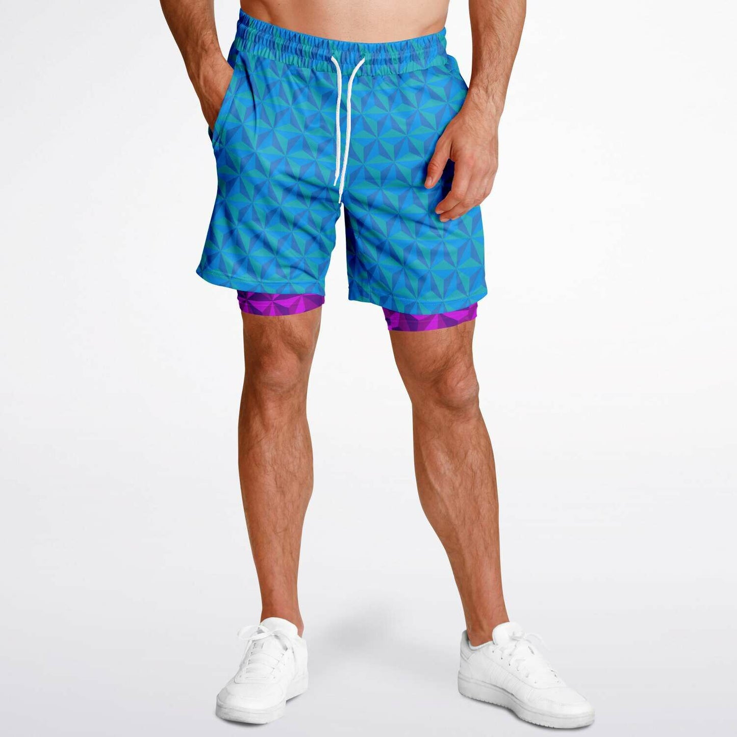 Blue & Pink Spaceship Men's Double Layer Pocket Shorts