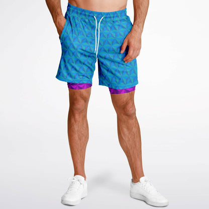 Blue & Pink Spaceship Men's Double Layer Pocket Shorts