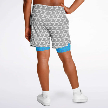 Grey & Blue Spaceship Men's Double Layer Pocket Shorts
