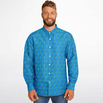 Spaceship Earth Long Sleeve Button Down Shirt - Blue