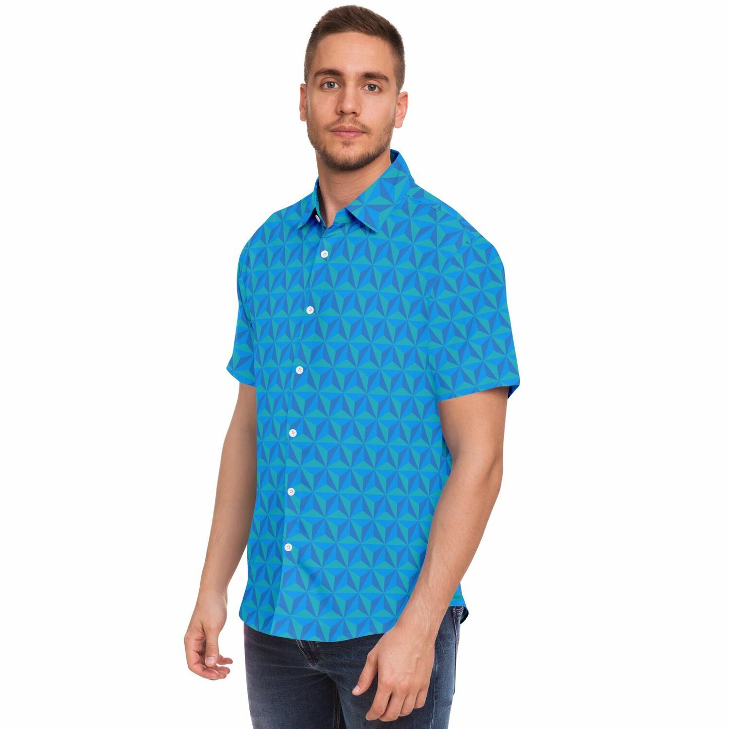 Spaceship Earth Short Sleeve Button Down Shirt  - Blue