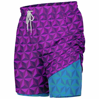 Pink & Blue Spaceship Men's Double Layer Pocket Shorts