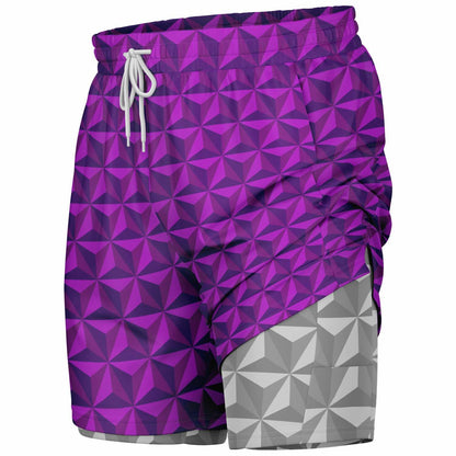 Pink & Grey Spaceship Men's Double Layer Pocket Shorts