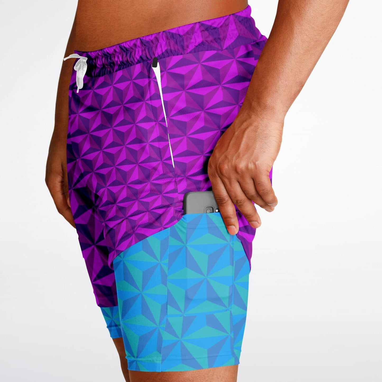 Pink & Blue Spaceship Men's Double Layer Pocket Shorts