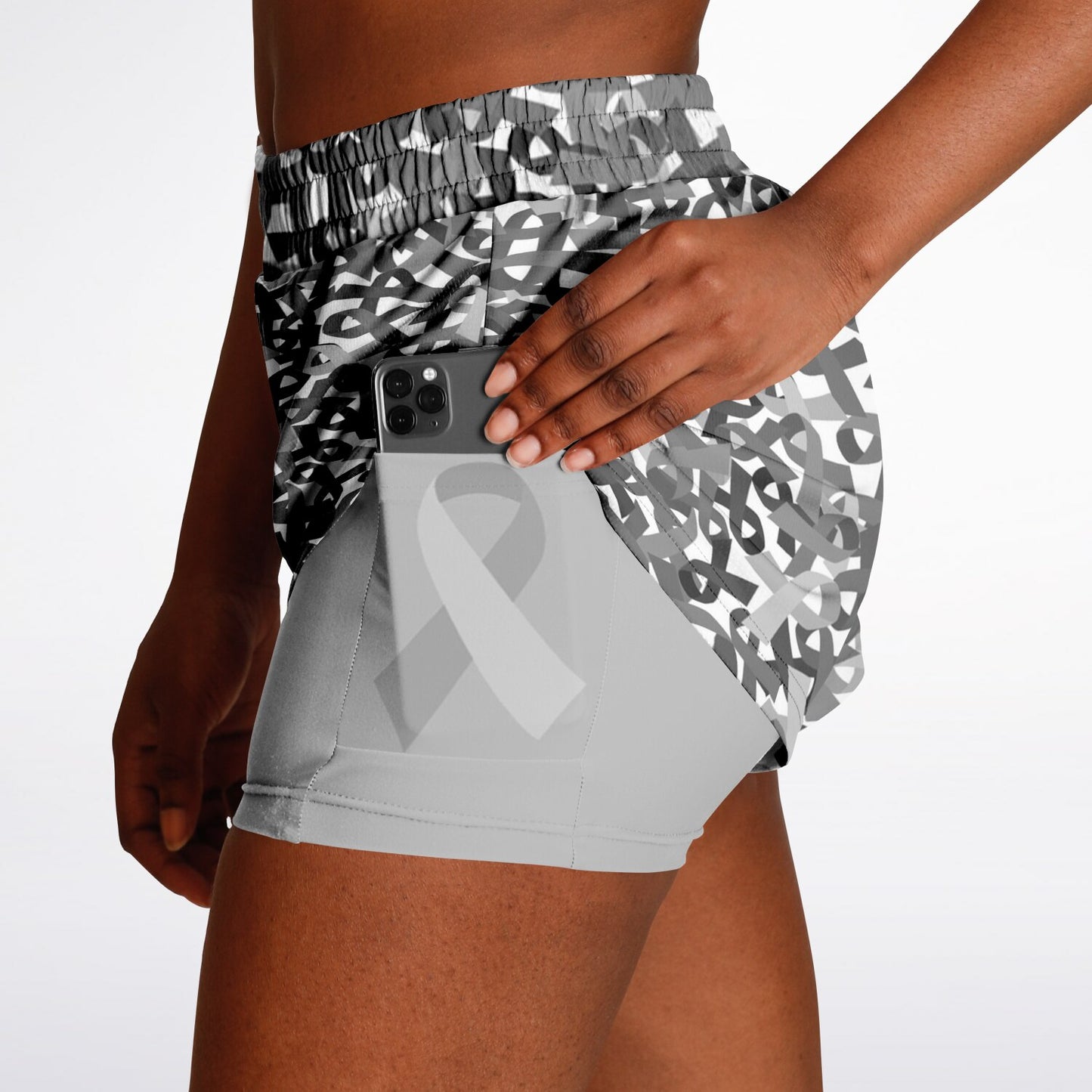 Grey Cancer Ribbon Double Layer Pocket Shorts