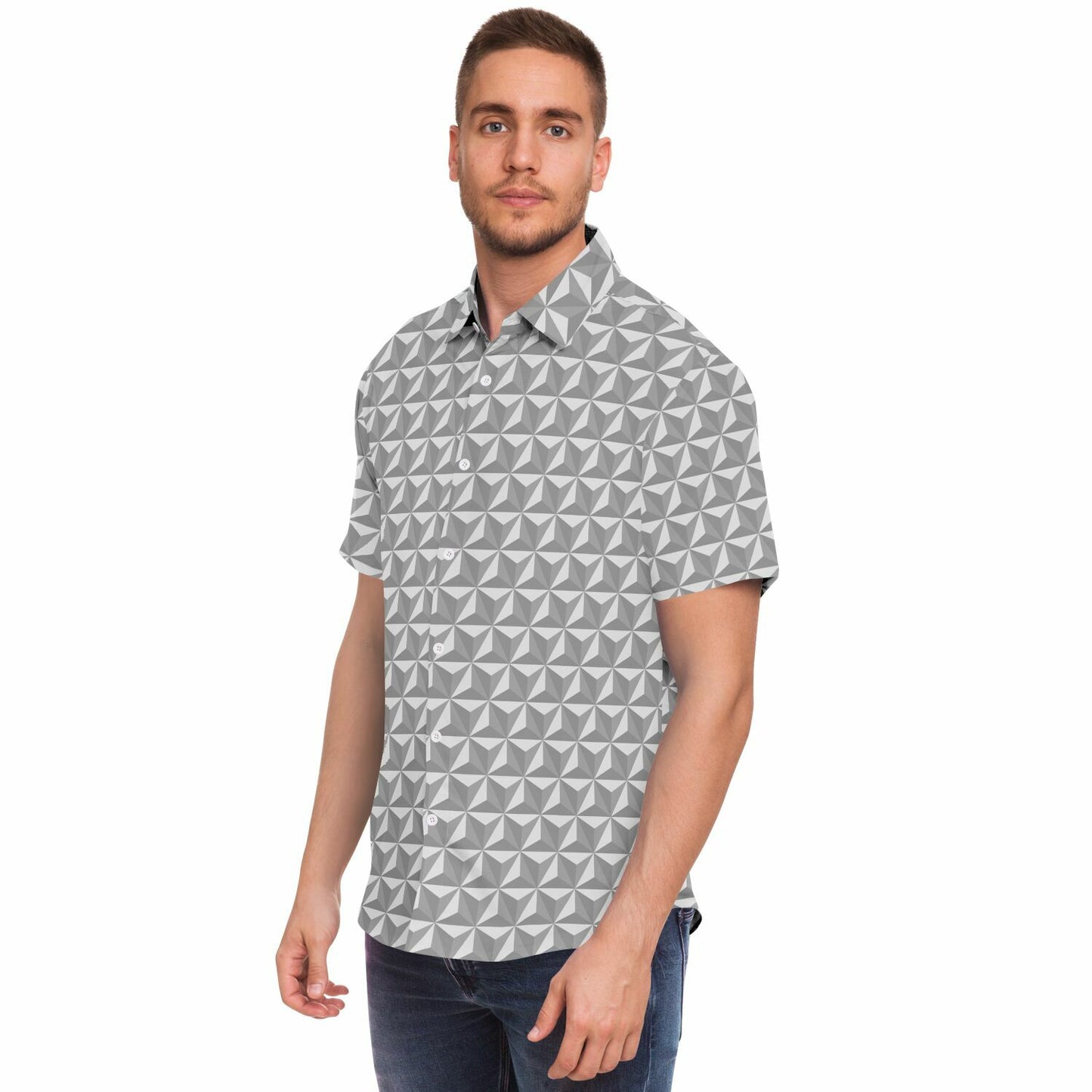 Spaceship Earth Short Sleeve Button Down Shirt - Grey