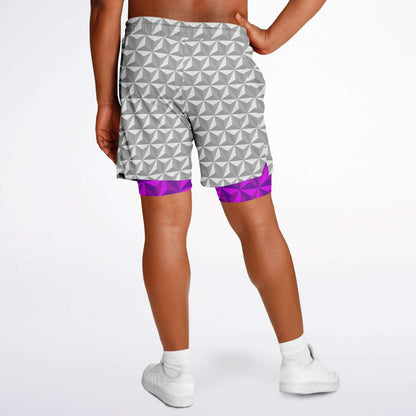 Grey & Pink Spaceship Men's Double Layer Pocket Shorts