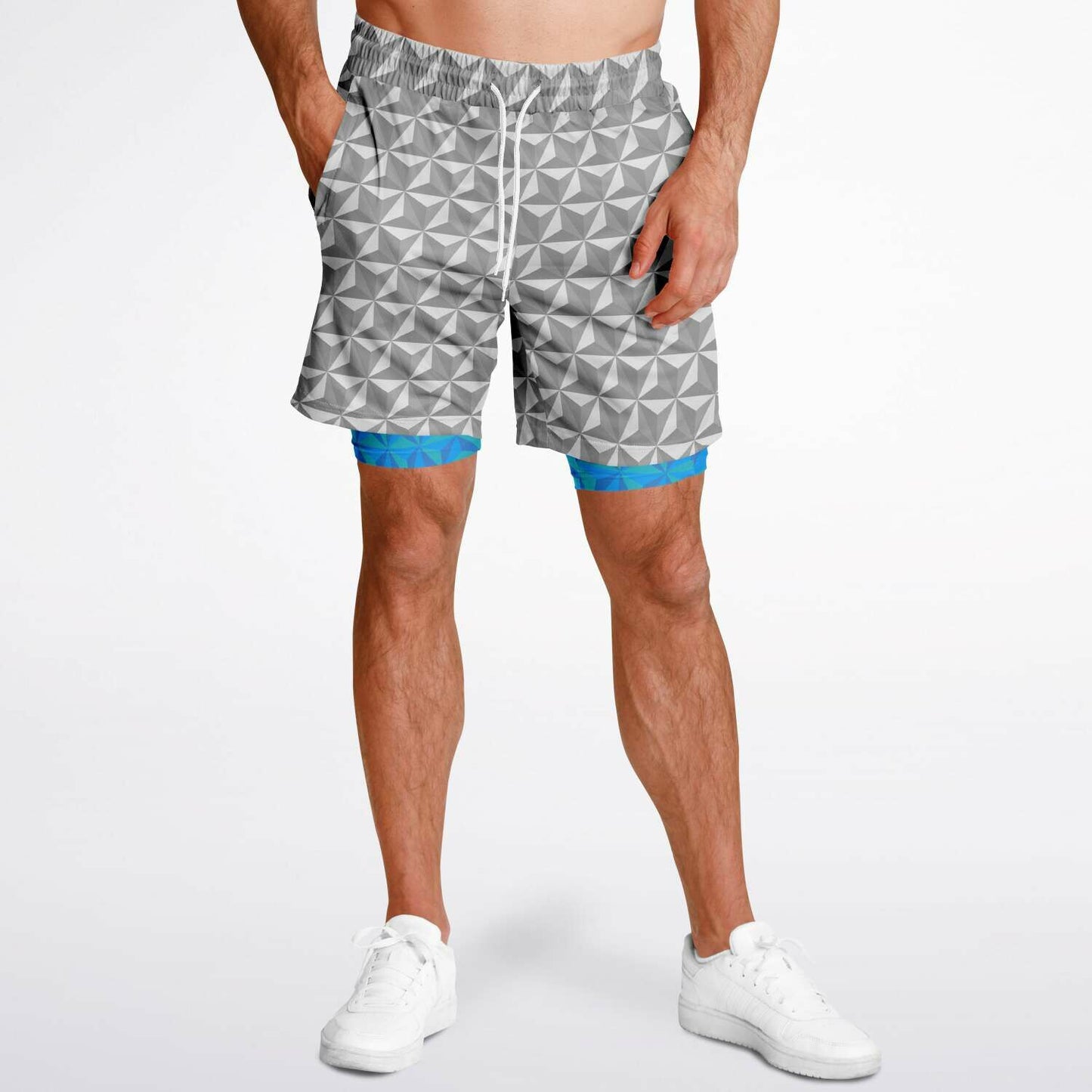 Grey & Blue Spaceship Men's Double Layer Pocket Shorts