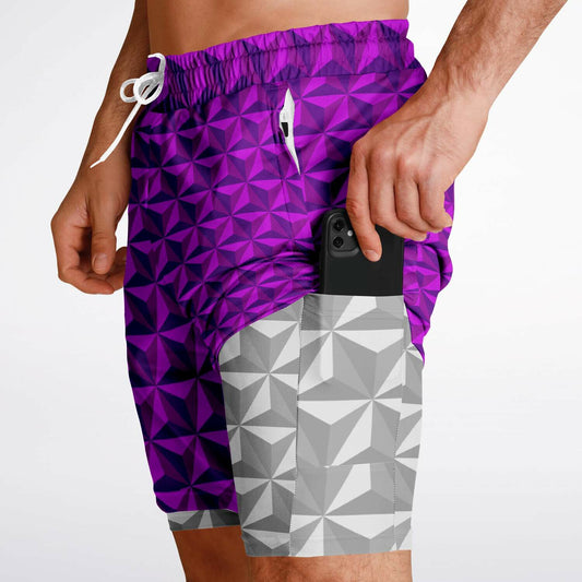 Pink & Grey Spaceship Men's Double Layer Pocket Shorts