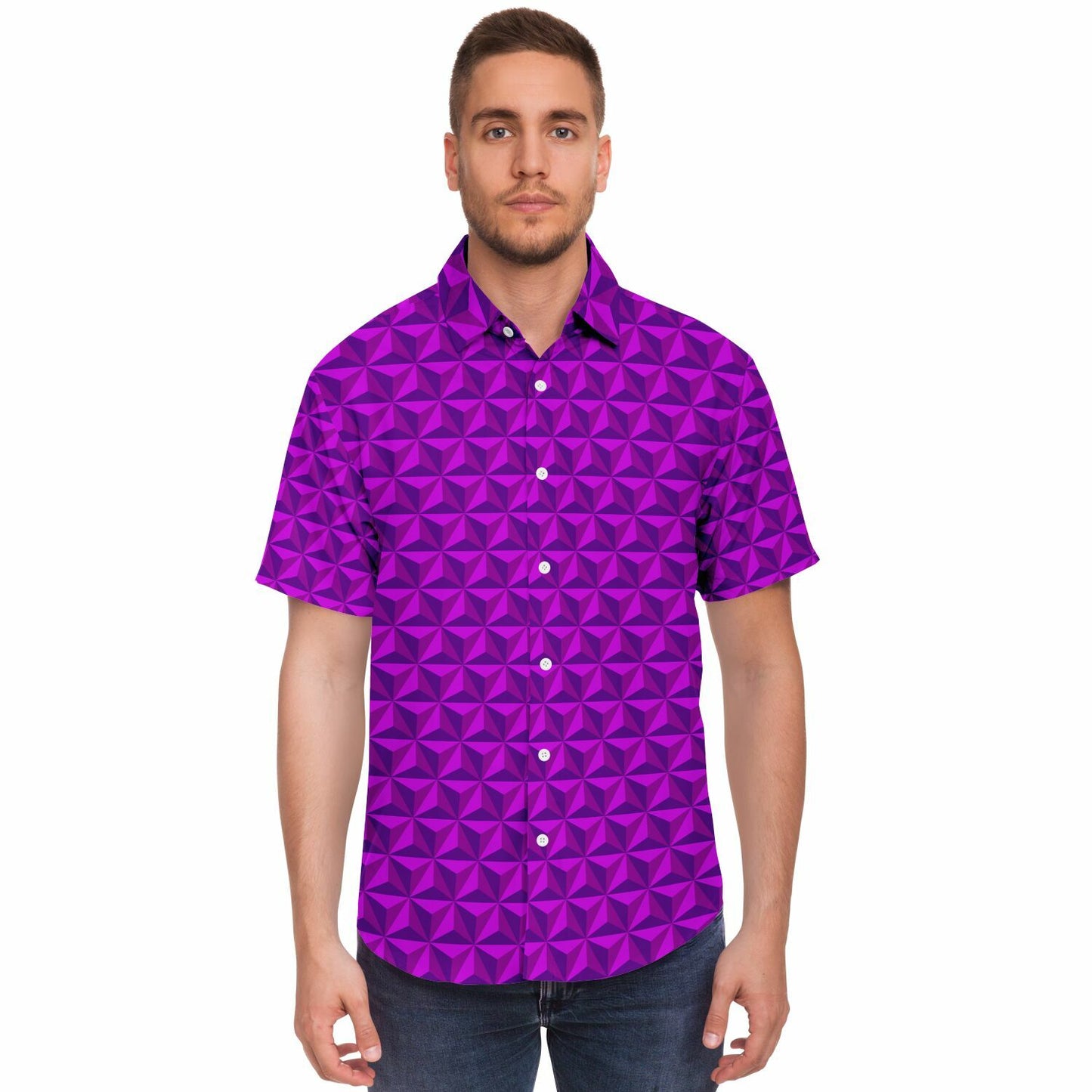 Spaceship Earth Short Sleeve Button Down Shirt - Pink