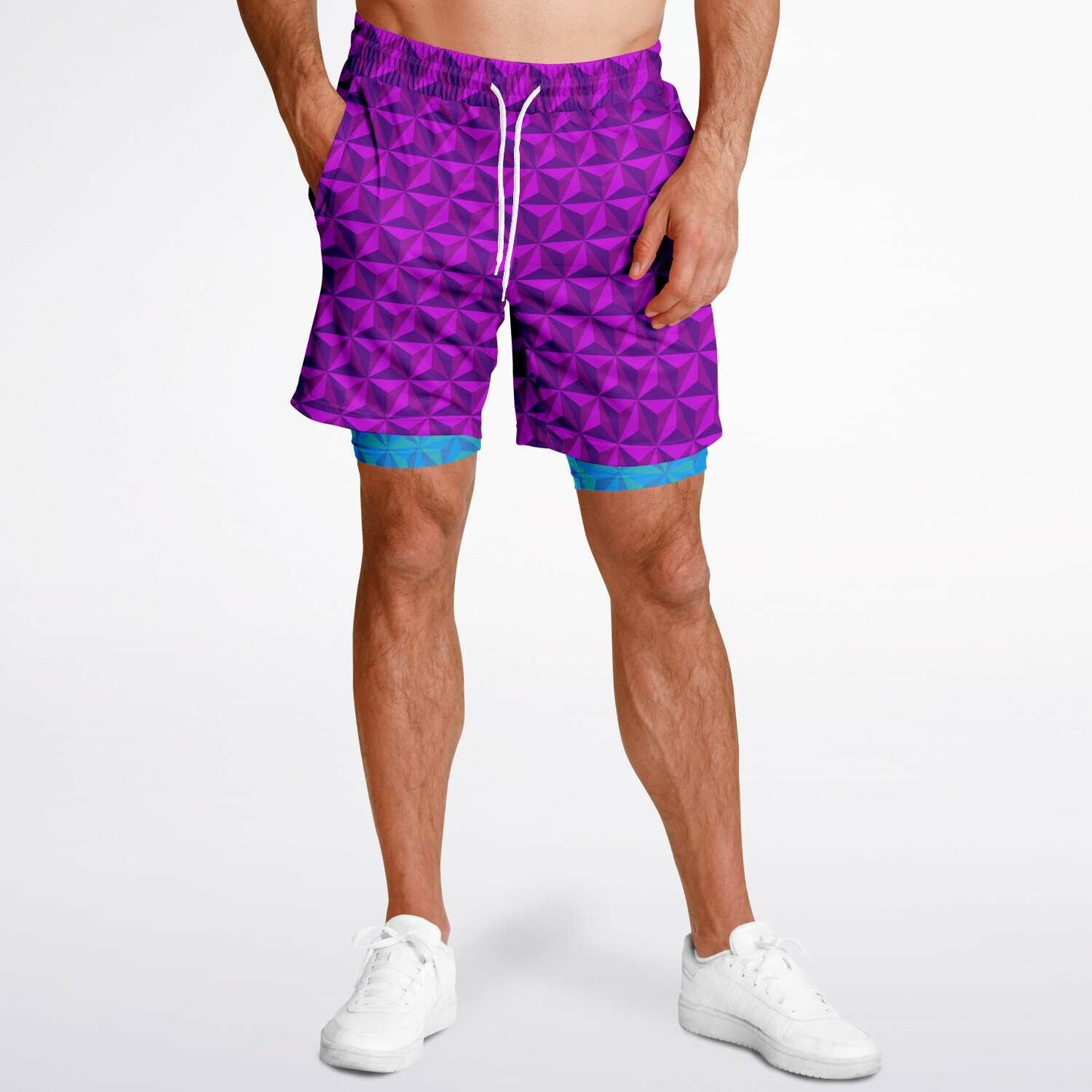 Pink & Blue Spaceship Men's Double Layer Pocket Shorts