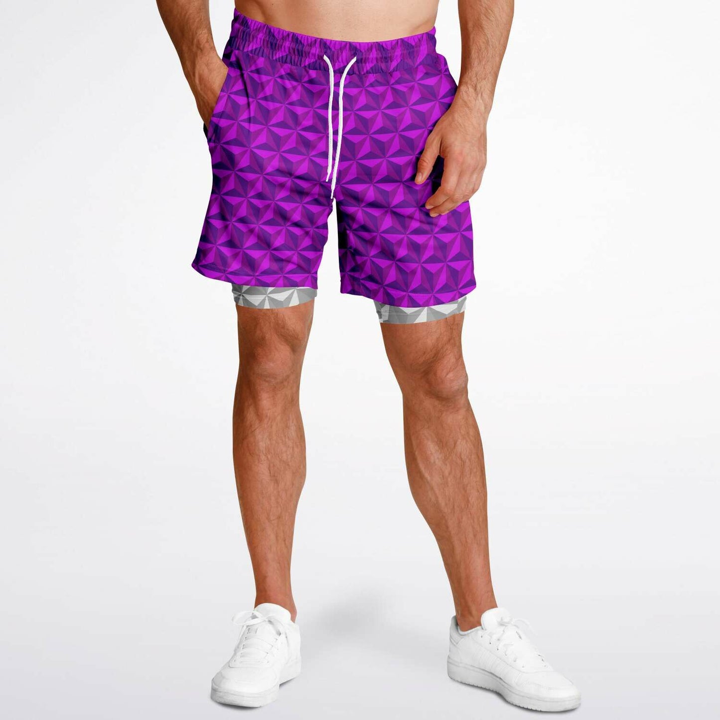 Pink & Grey Spaceship Men's Double Layer Pocket Shorts