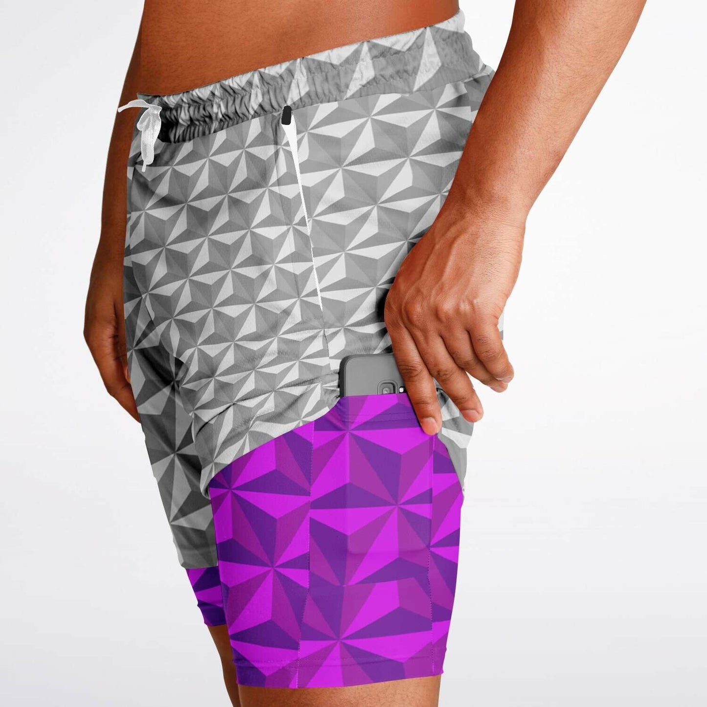 Grey & Pink Spaceship Men's Double Layer Pocket Shorts