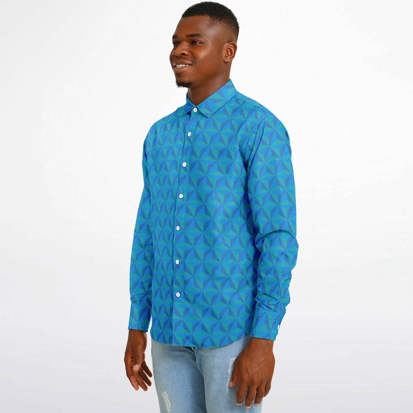 Spaceship Earth Long Sleeve Button Down Shirt - Blue