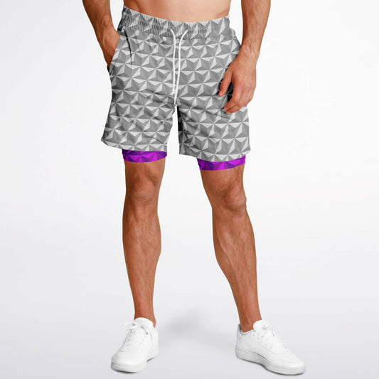Grey & Pink Spaceship Men's Double Layer Pocket Shorts