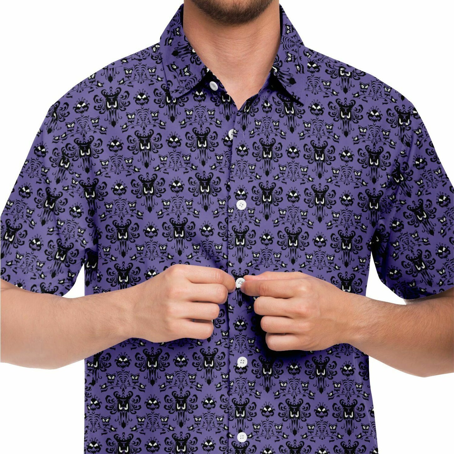 Men's Purple Haunted Wallpaper Short Sleeve Button Down