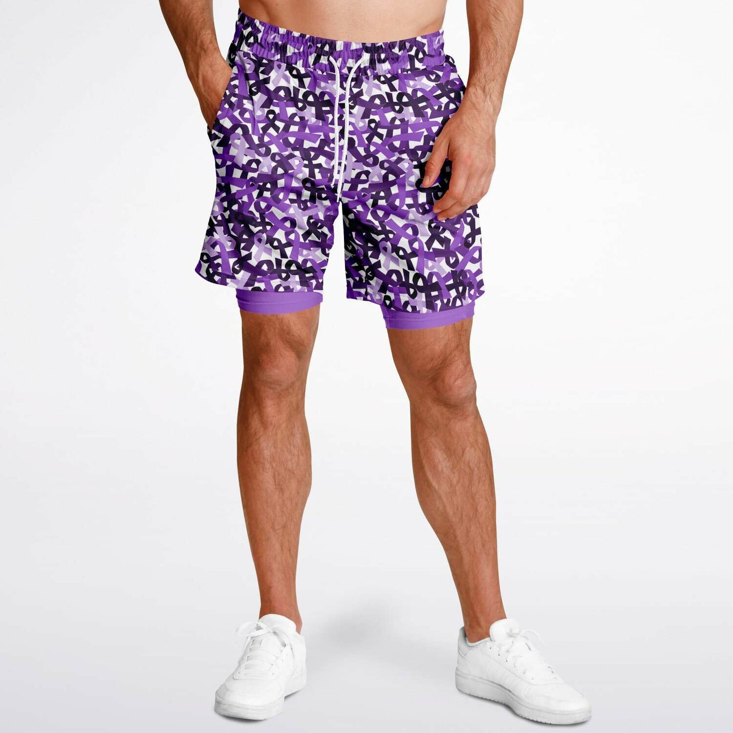 Purple Ribbon Men's Double Layer Athletic Shorts