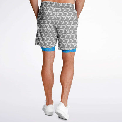 Grey & Blue Spaceship Men's Double Layer Pocket Shorts