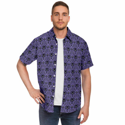 Men's Purple Haunted Wallpaper Short Sleeve Button Down