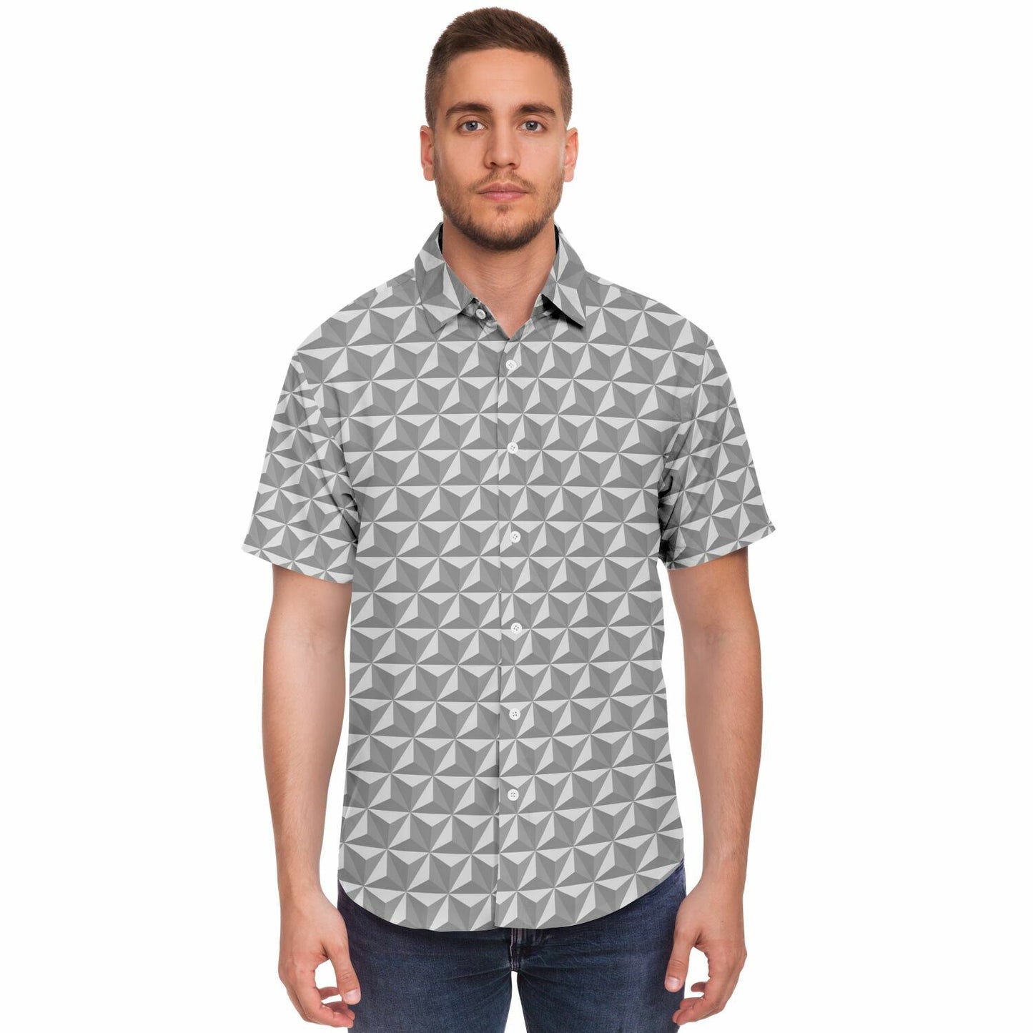 Spaceship Earth Short Sleeve Button Down Shirt - Grey