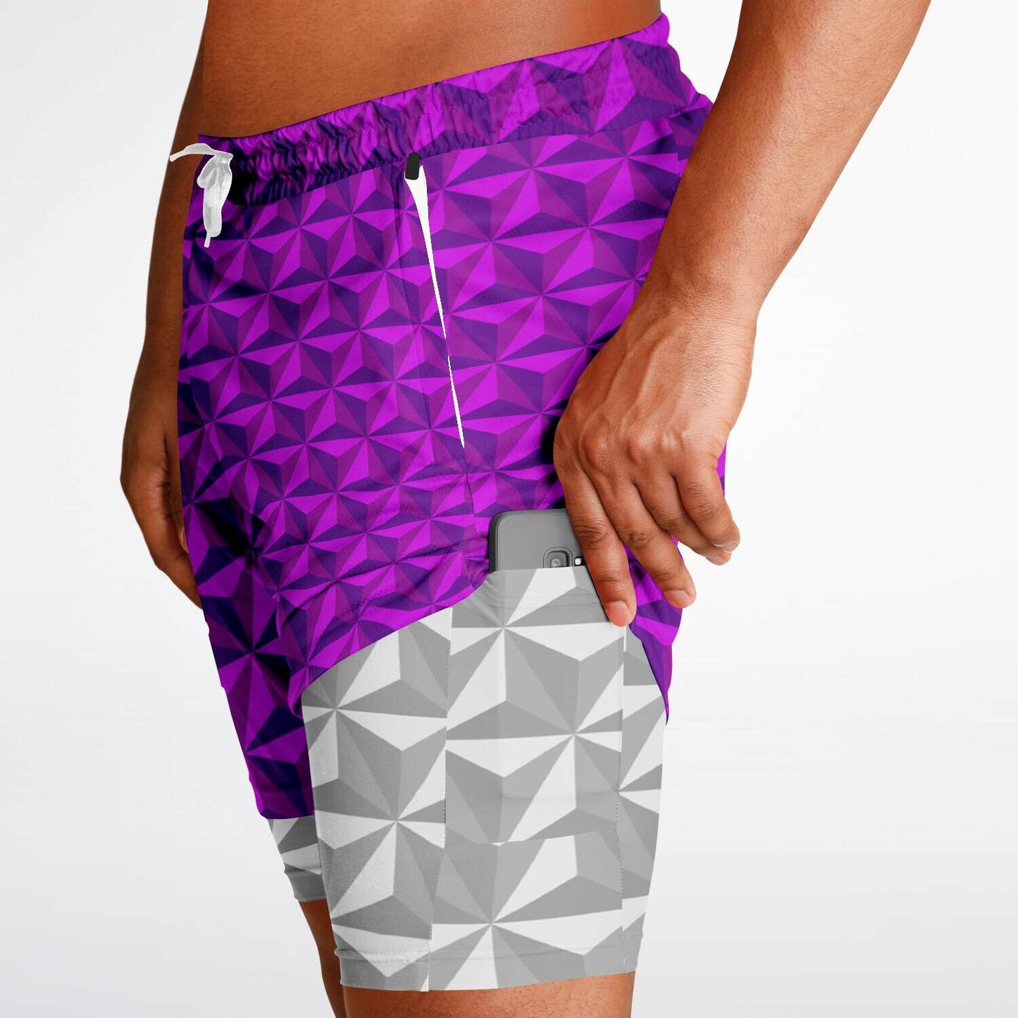 Pink & Grey Spaceship Men's Double Layer Pocket Shorts
