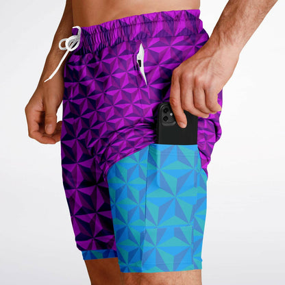 Pink & Blue Spaceship Men's Double Layer Pocket Shorts
