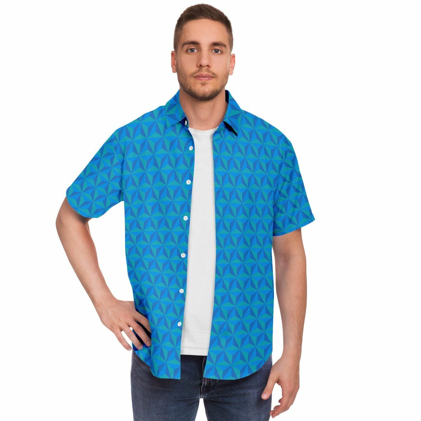 Spaceship Earth Short Sleeve Button Down Shirt  - Blue