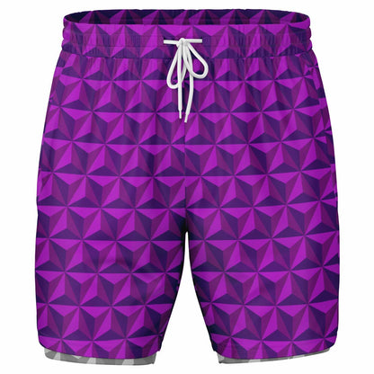 Pink & Grey Spaceship Men's Double Layer Pocket Shorts