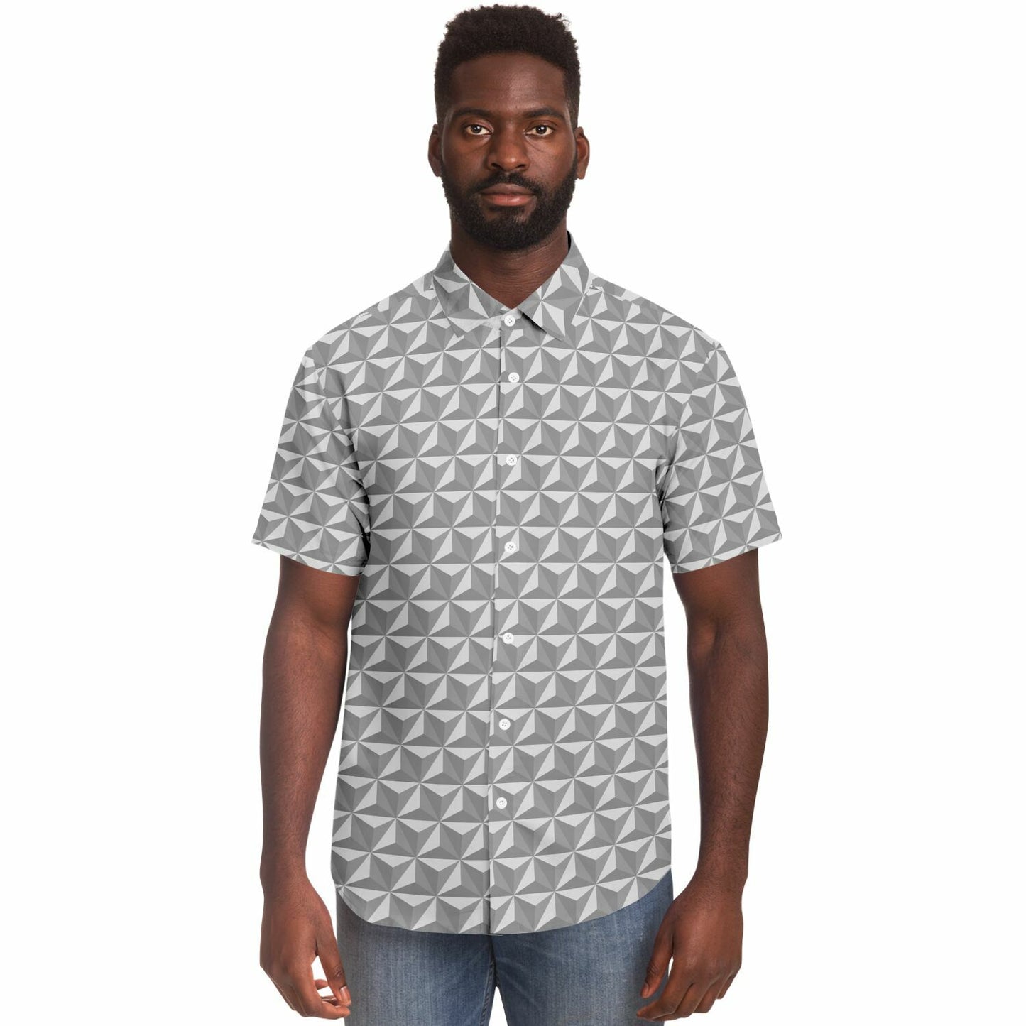 Spaceship Earth Short Sleeve Button Down Shirt - Grey