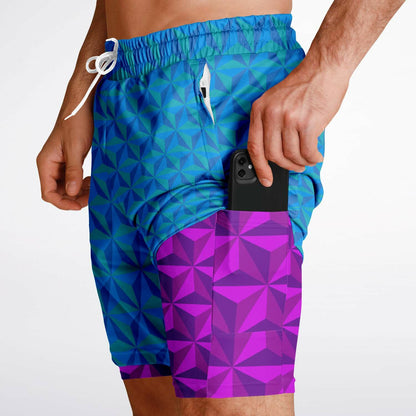 Blue & Pink Spaceship Men's Double Layer Pocket Shorts