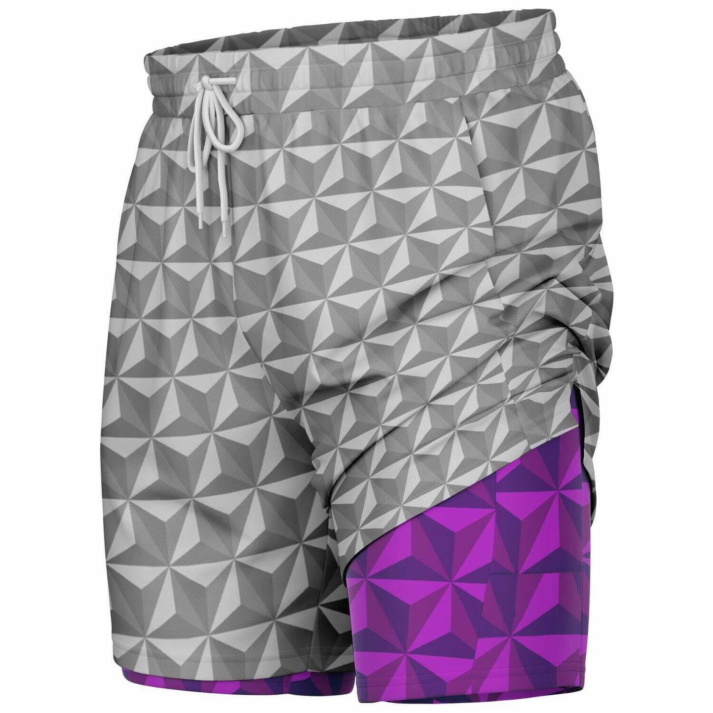 Grey & Pink Spaceship Men's Double Layer Pocket Shorts