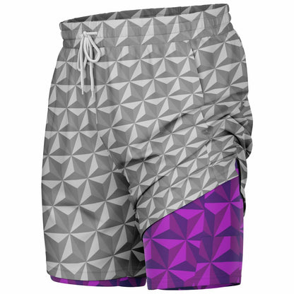 Grey & Pink Spaceship Men's Double Layer Pocket Shorts