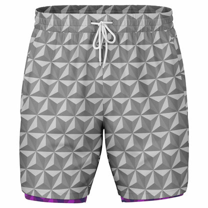 Grey & Pink Spaceship Men's Double Layer Pocket Shorts