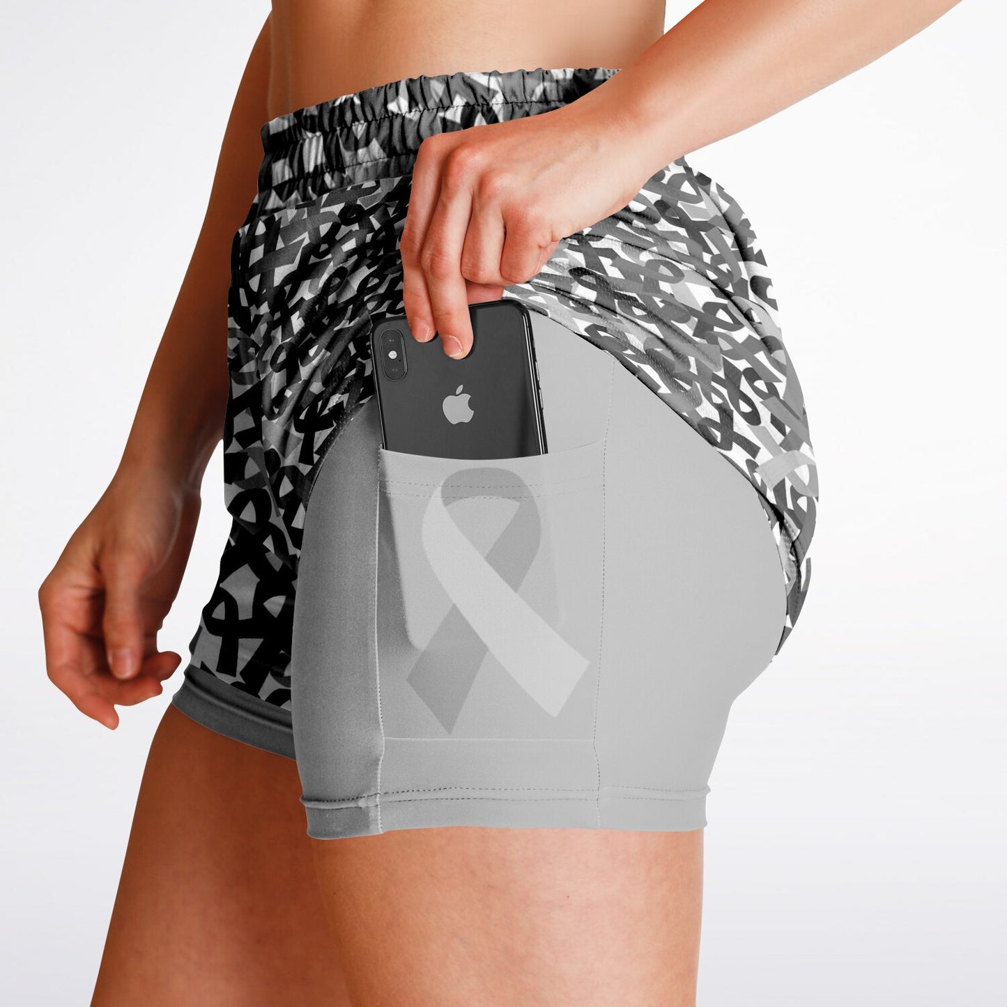 Grey Cancer Ribbon Double Layer Pocket Shorts