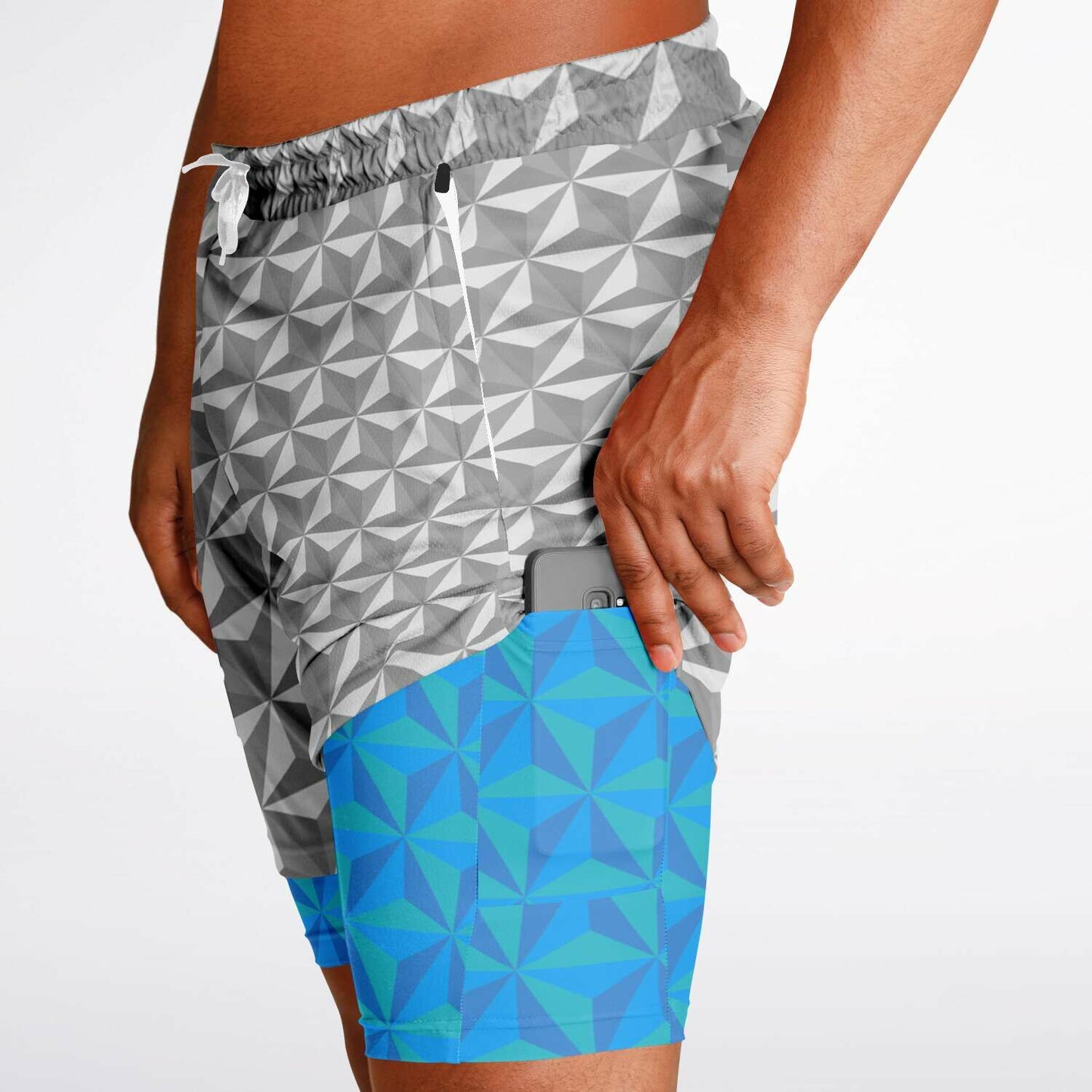 Grey & Blue Spaceship Men's Double Layer Pocket Shorts