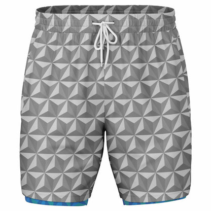 Grey & Blue Spaceship Men's Double Layer Pocket Shorts