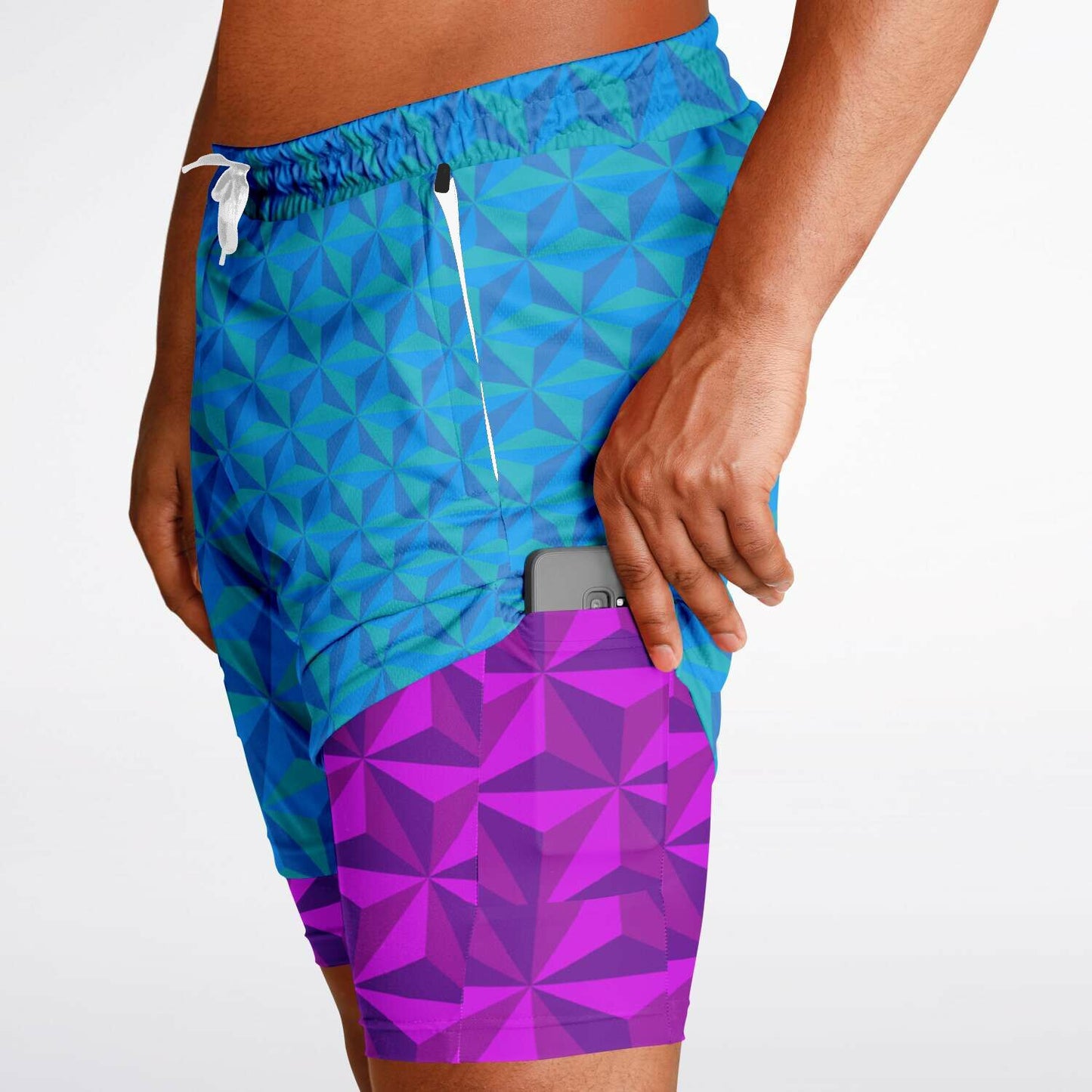 Blue & Pink Spaceship Men's Double Layer Pocket Shorts